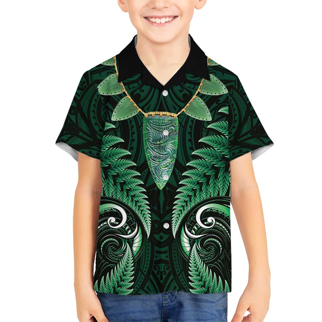 Aotearoa Pounamu Niho Family Matching Off Shoulder Maxi Dress and Hawaiian Shirt Silver Fern Mix Maori Pattern - Green