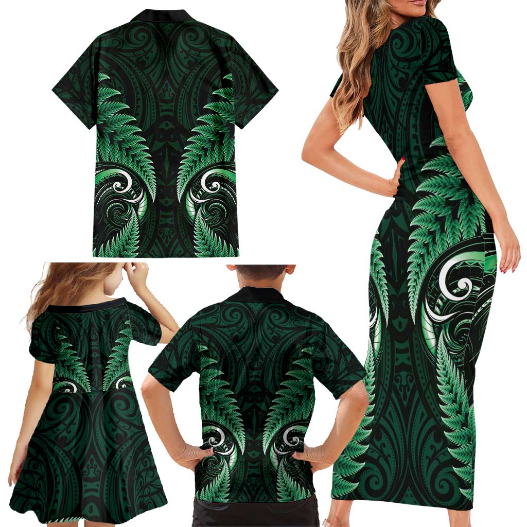 Aotearoa Pounamu Niho Family Matching Short Sleeve Bodycon Dress and Hawaiian Shirt Silver Fern Mix Maori Pattern - Green