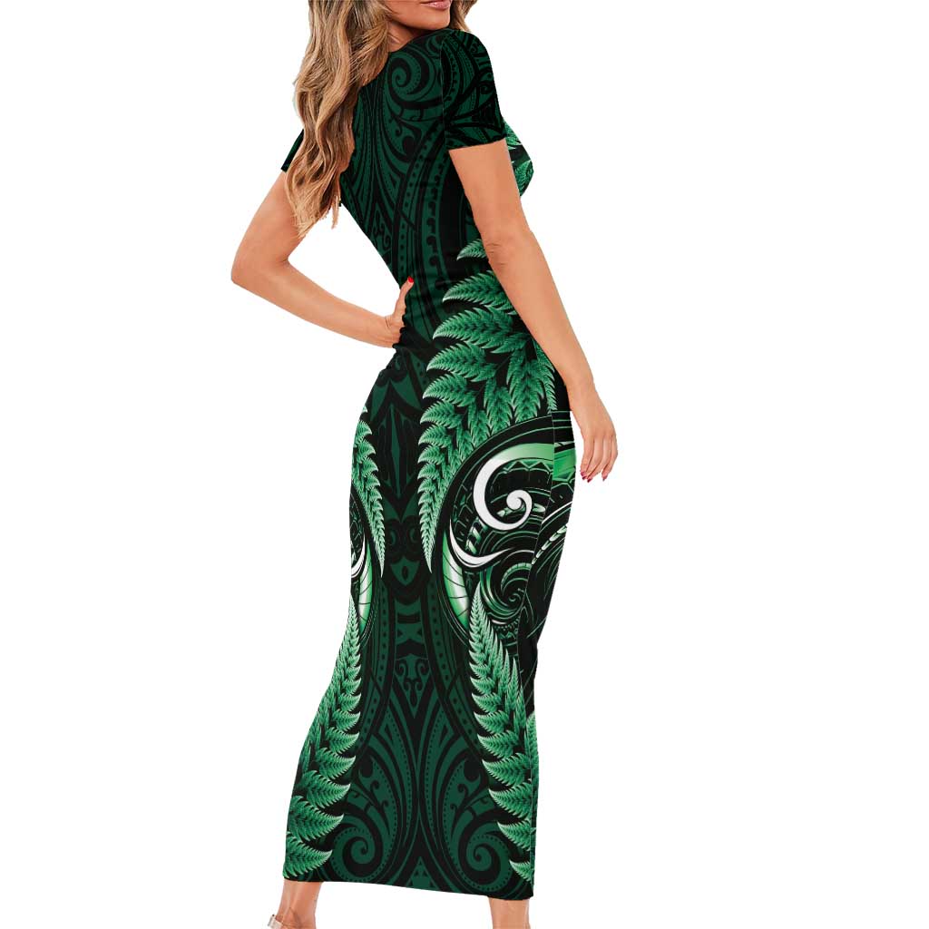 Aotearoa Pounamu Niho Family Matching Short Sleeve Bodycon Dress and Hawaiian Shirt Silver Fern Mix Maori Pattern - Green