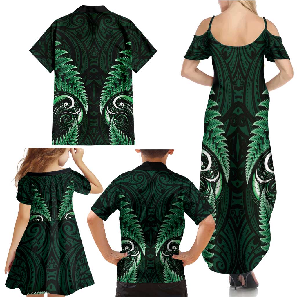 Aotearoa Pounamu Niho Family Matching Summer Maxi Dress and Hawaiian Shirt Silver Fern Mix Maori Pattern - Green