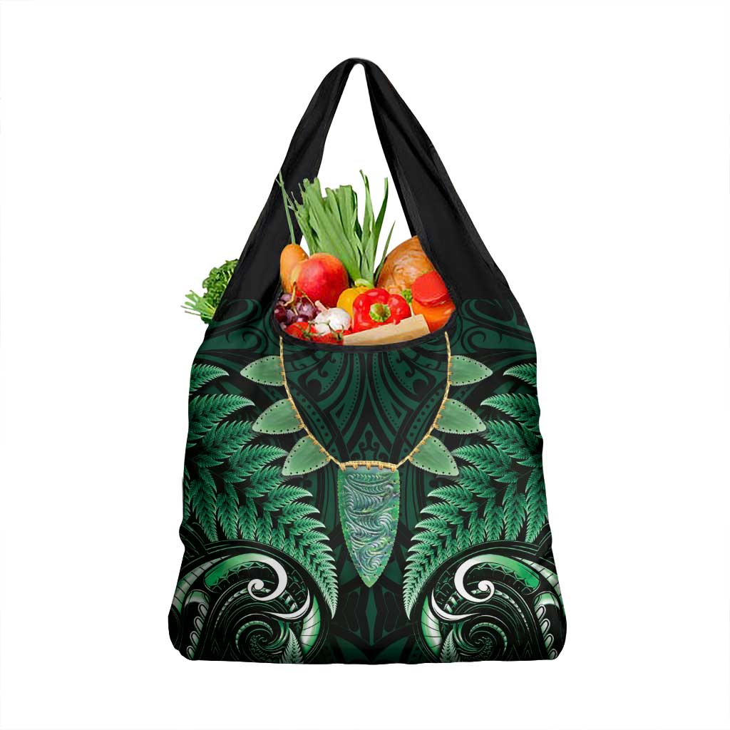 Aotearoa Pounamu Niho Grocery Bag Silver Fern Mix Maori Pattern - Green