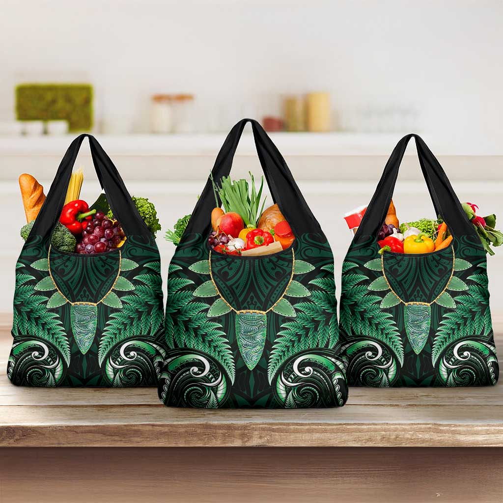 Aotearoa Pounamu Niho Grocery Bag Silver Fern Mix Maori Pattern - Green