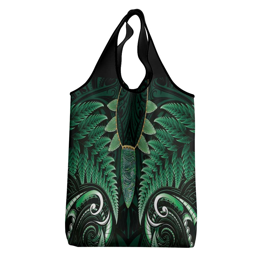 Aotearoa Pounamu Niho Grocery Bag Silver Fern Mix Maori Pattern - Green