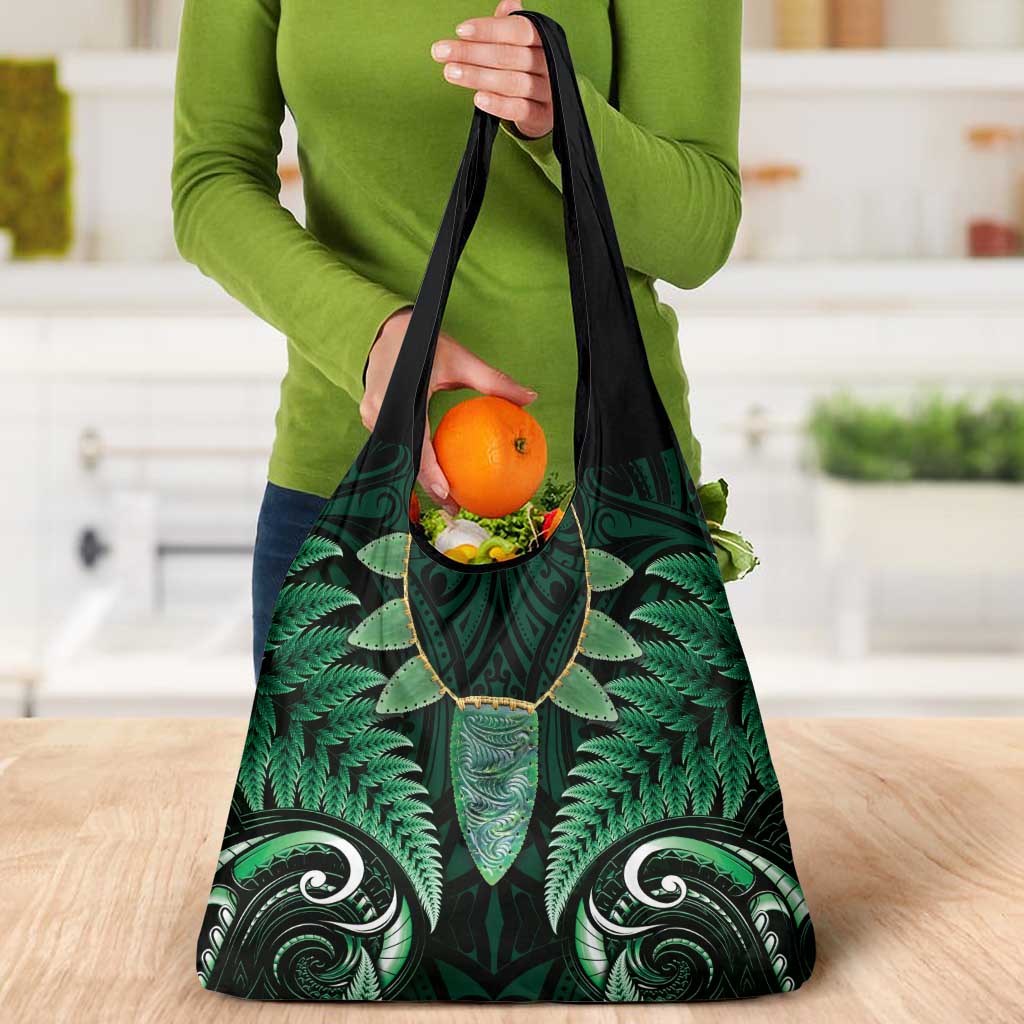 Aotearoa Pounamu Niho Grocery Bag Silver Fern Mix Maori Pattern - Green