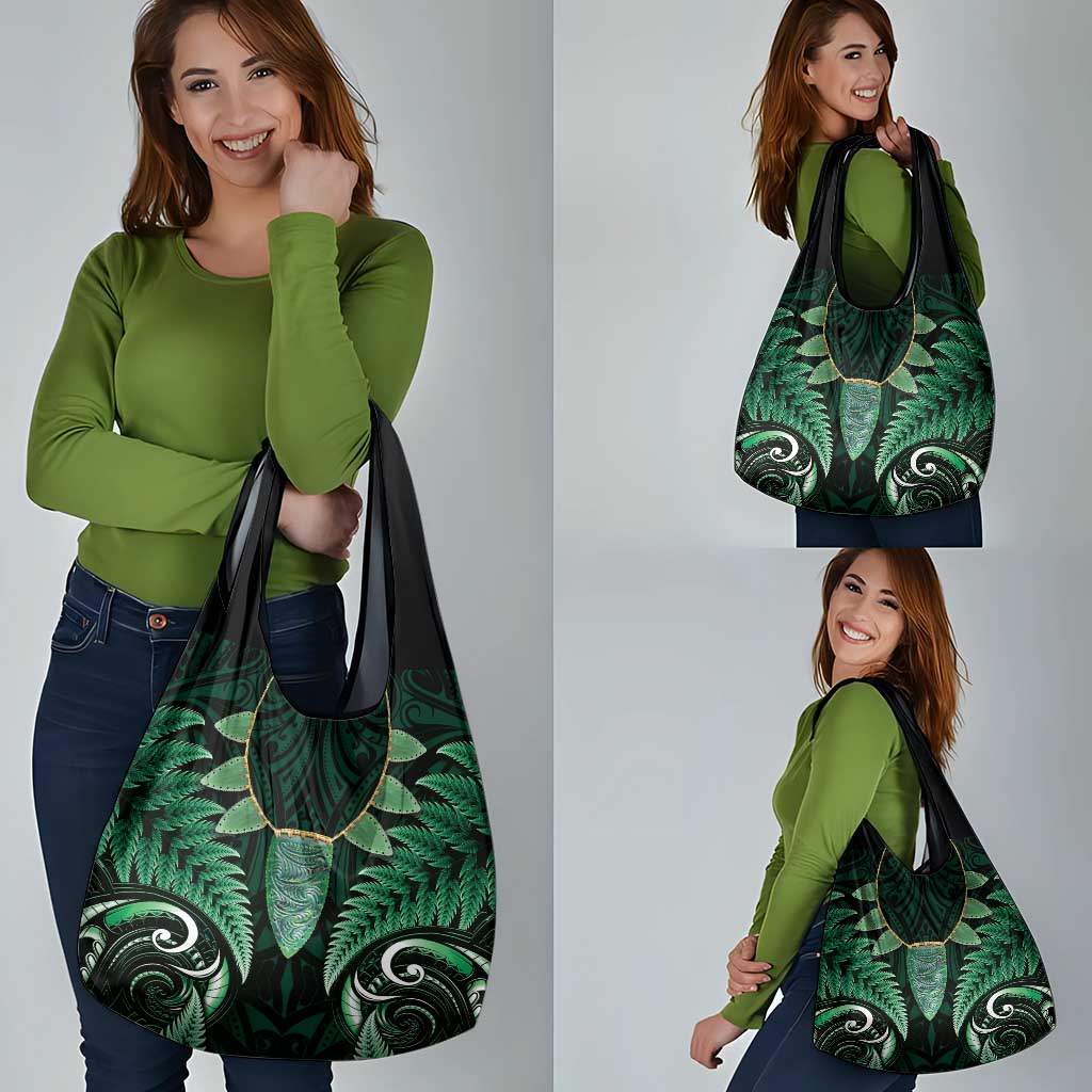 Aotearoa Pounamu Niho Grocery Bag Silver Fern Mix Maori Pattern - Green