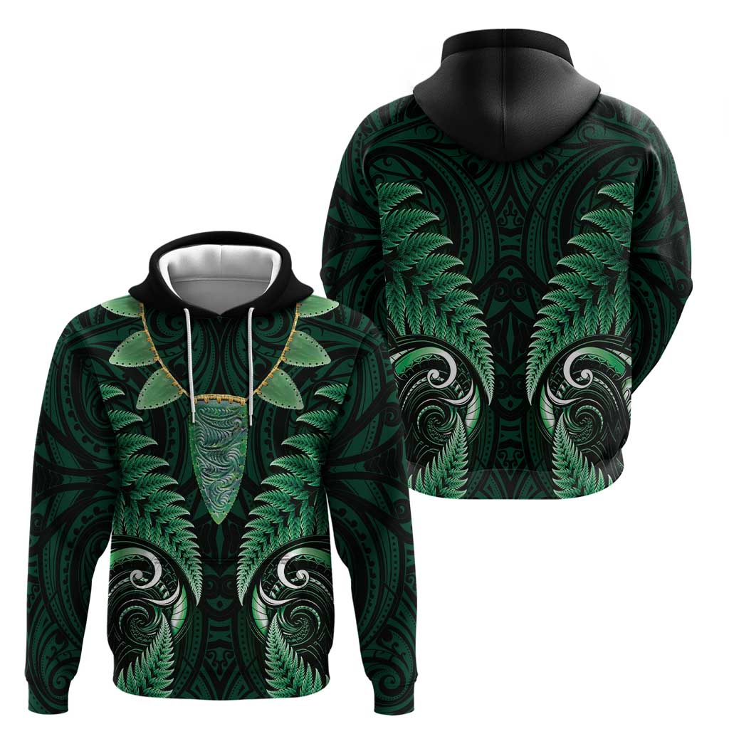 Aotearoa Pounamu Niho Hoodie Silver Fern Mix Maori Pattern - Green - Vibe Hoodie Shop