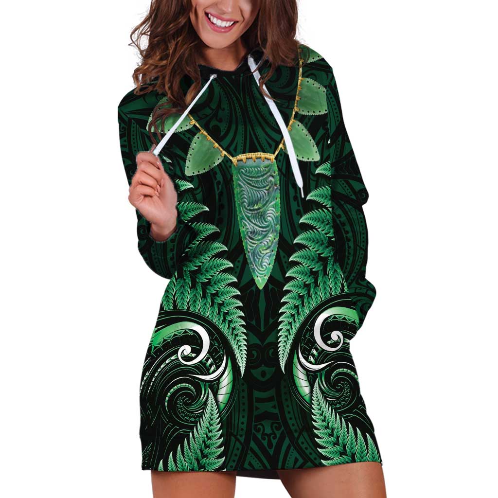 Aotearoa Pounamu Niho Hoodie Dress Silver Fern Mix Maori Pattern - Green - Vibe Hoodie Shop