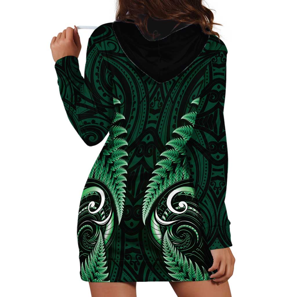 Aotearoa Pounamu Niho Hoodie Dress Silver Fern Mix Maori Pattern - Green - Vibe Hoodie Shop