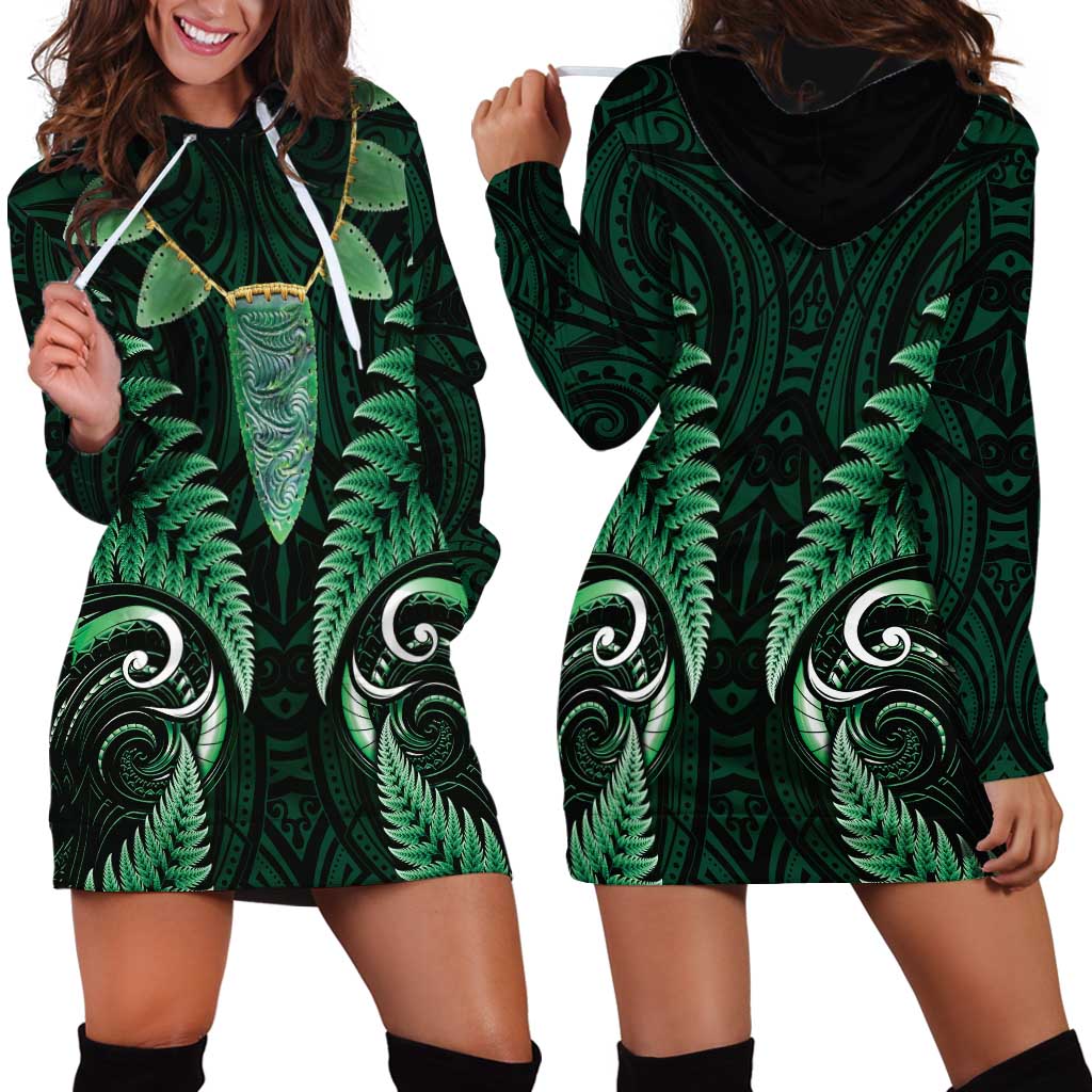 Aotearoa Pounamu Niho Hoodie Dress Silver Fern Mix Maori Pattern - Green - Vibe Hoodie Shop