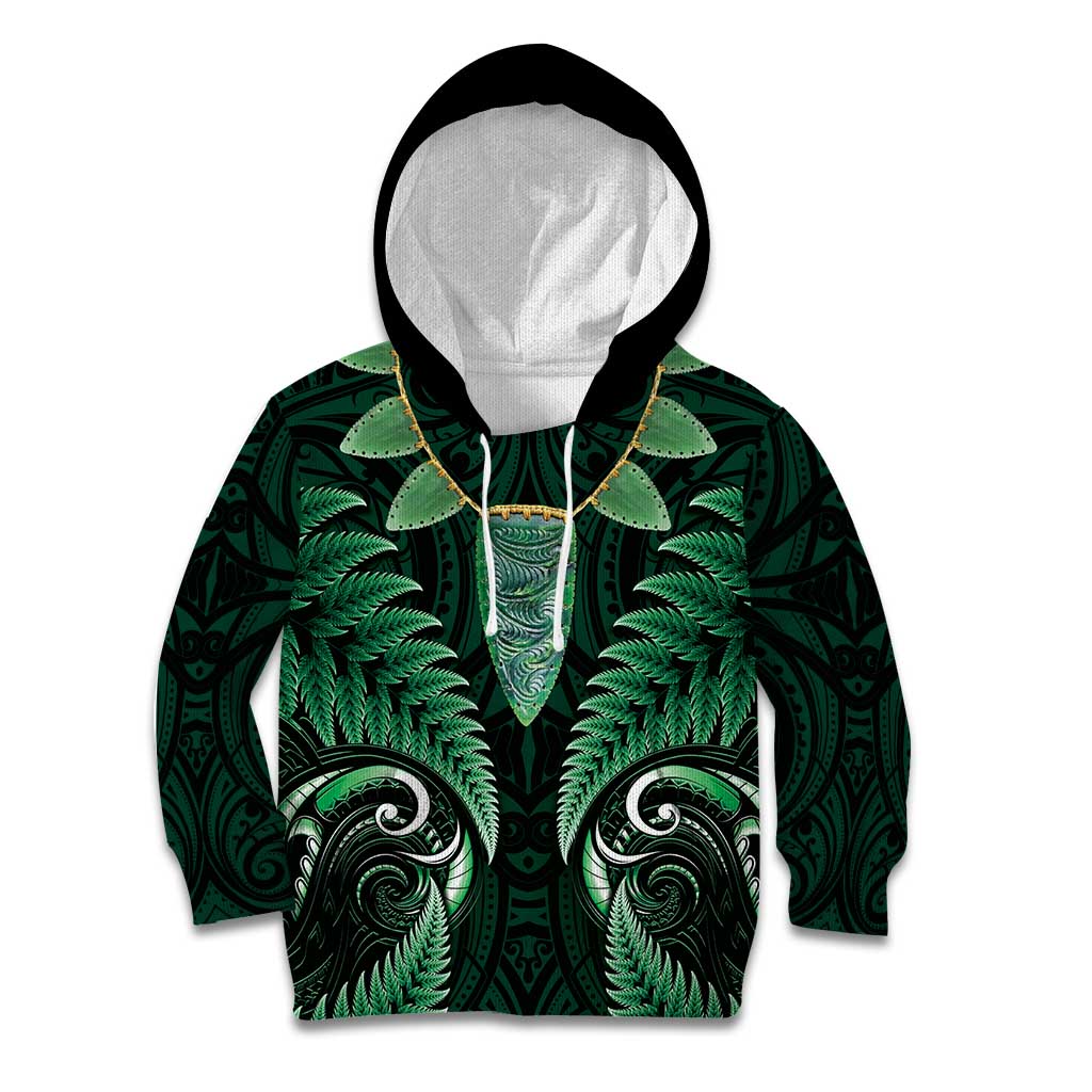 Aotearoa Pounamu Niho Kid Hoodie Silver Fern Mix Maori Pattern - Green - Vibe Hoodie Shop