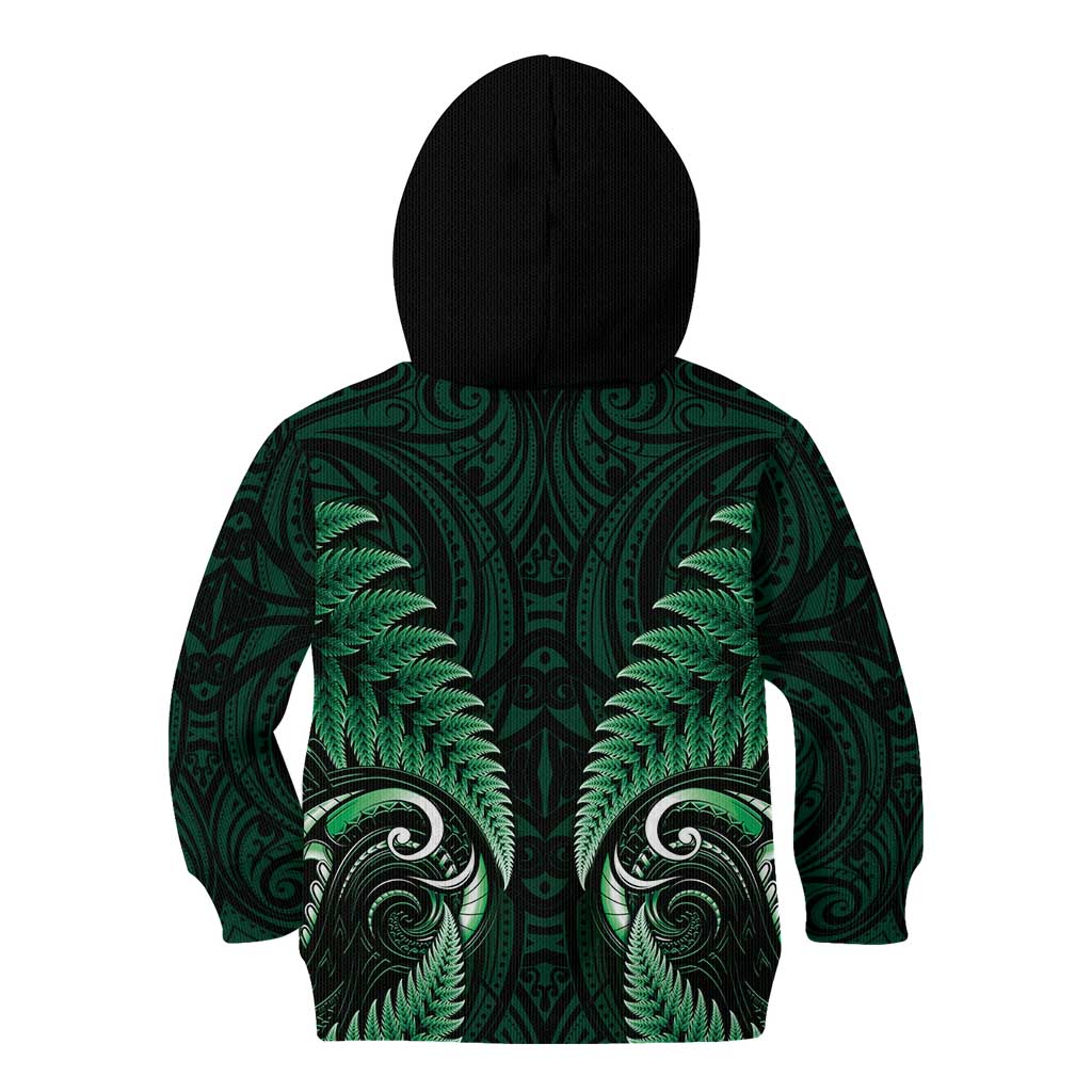 Aotearoa Pounamu Niho Kid Hoodie Silver Fern Mix Maori Pattern - Green - Vibe Hoodie Shop