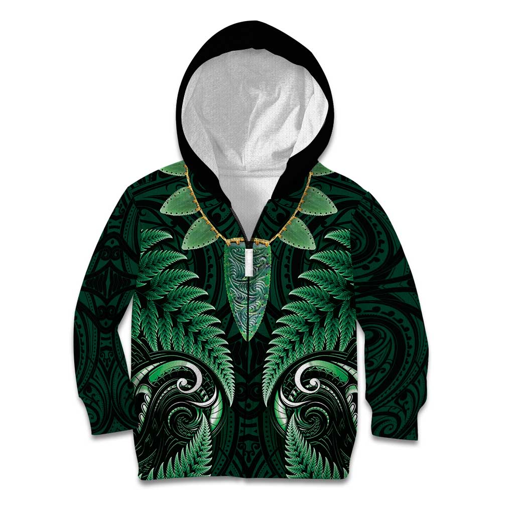 Aotearoa Pounamu Niho Kid Hoodie Silver Fern Mix Maori Pattern - Green - Vibe Hoodie Shop