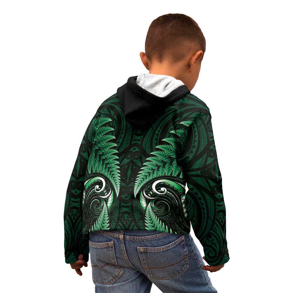 Aotearoa Pounamu Niho Kid Hoodie Silver Fern Mix Maori Pattern - Green - Vibe Hoodie Shop