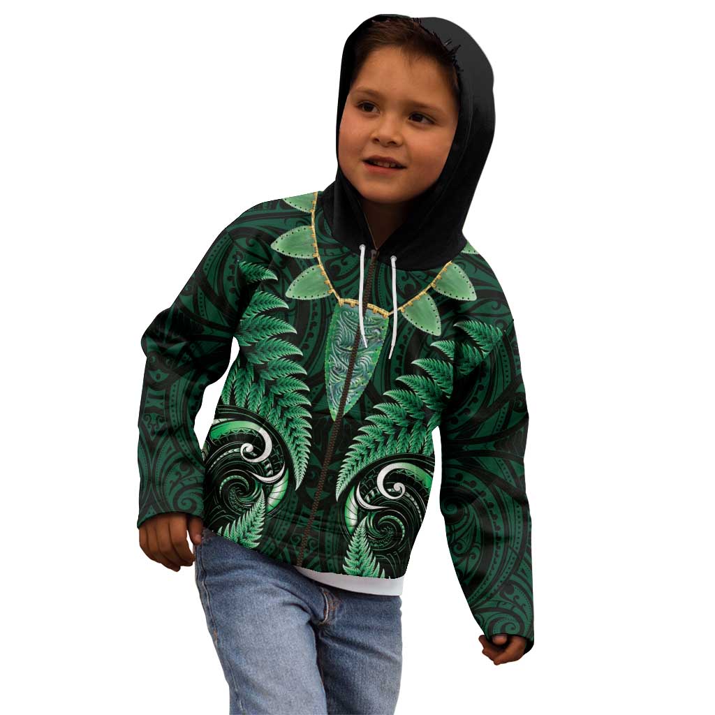 Aotearoa Pounamu Niho Kid Hoodie Silver Fern Mix Maori Pattern - Green - Vibe Hoodie Shop