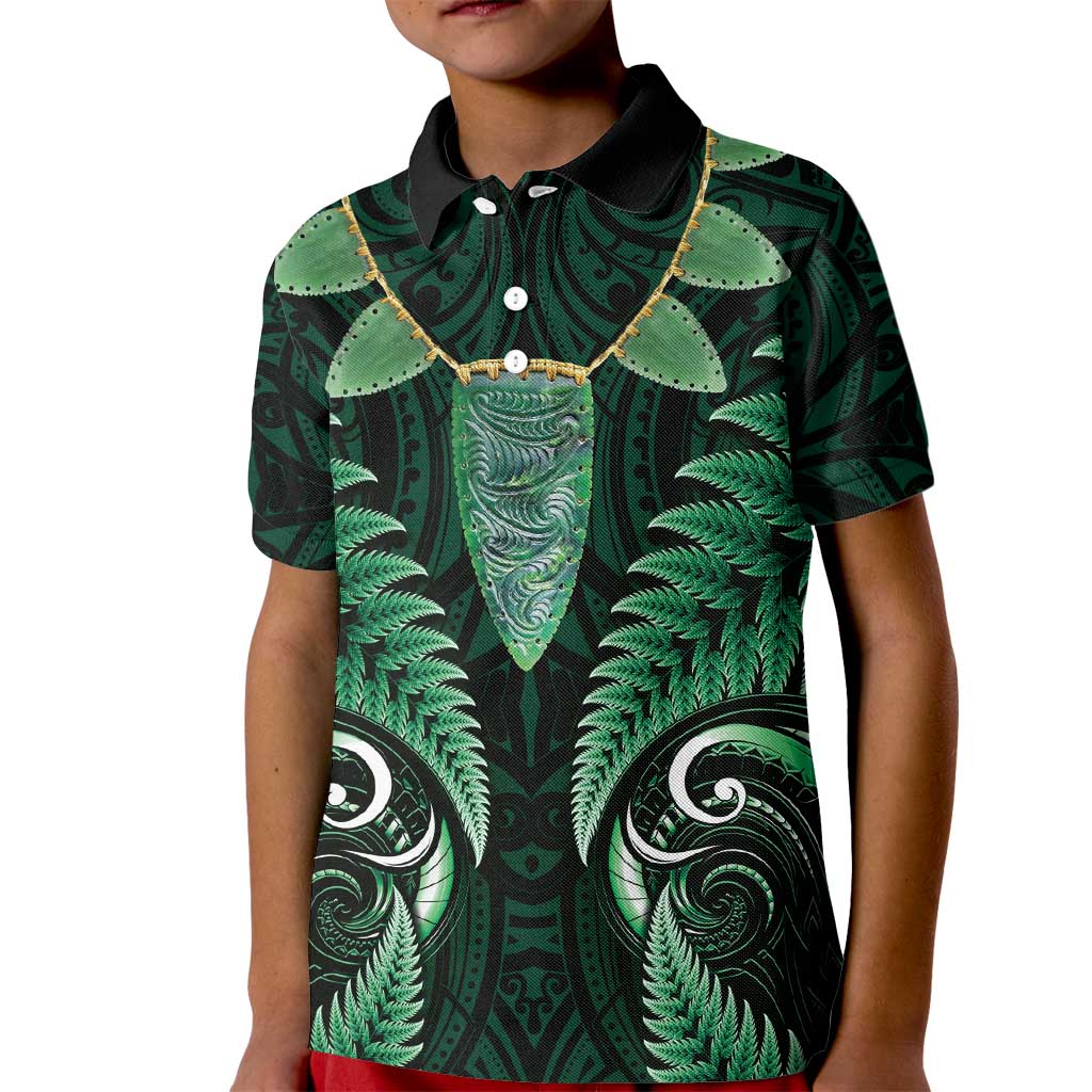 Aotearoa Pounamu Niho Kid Polo Shirt Silver Fern Mix Maori Pattern - Green - Vibe Hoodie Shop