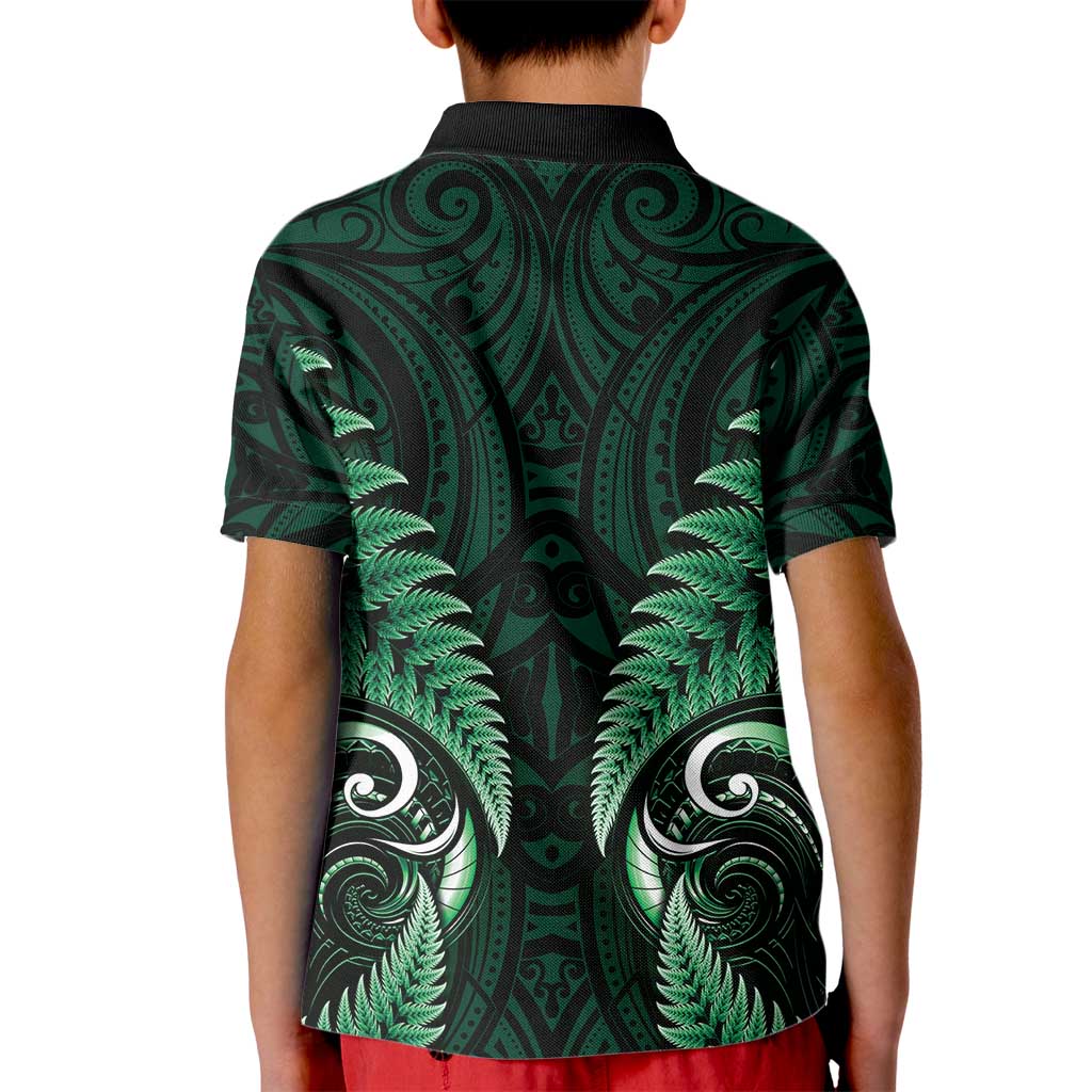 Aotearoa Pounamu Niho Kid Polo Shirt Silver Fern Mix Maori Pattern - Green - Vibe Hoodie Shop