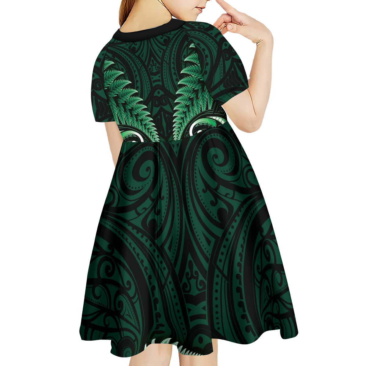 Aotearoa Pounamu Niho Kid Short Sleeve Dress Silver Fern Mix Maori Pattern - Green - Vibe Hoodie Shop