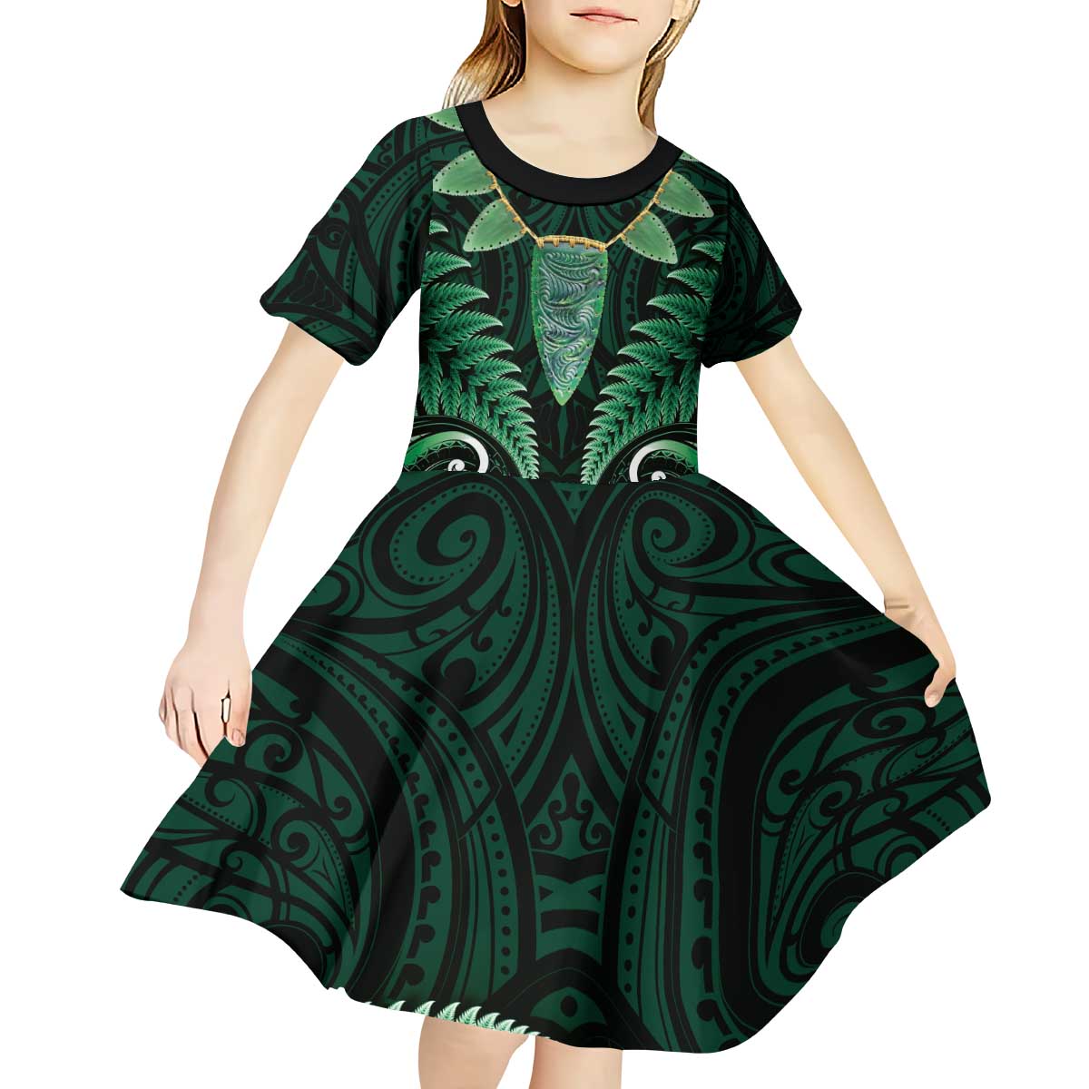 Aotearoa Pounamu Niho Kid Short Sleeve Dress Silver Fern Mix Maori Pattern - Green - Vibe Hoodie Shop