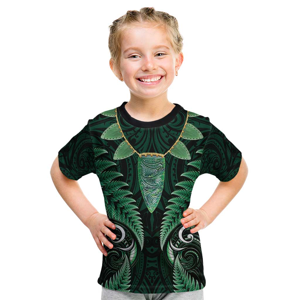 Aotearoa Pounamu Niho Kid T Shirt Silver Fern Mix Maori Pattern - Green - Vibe Hoodie Shop