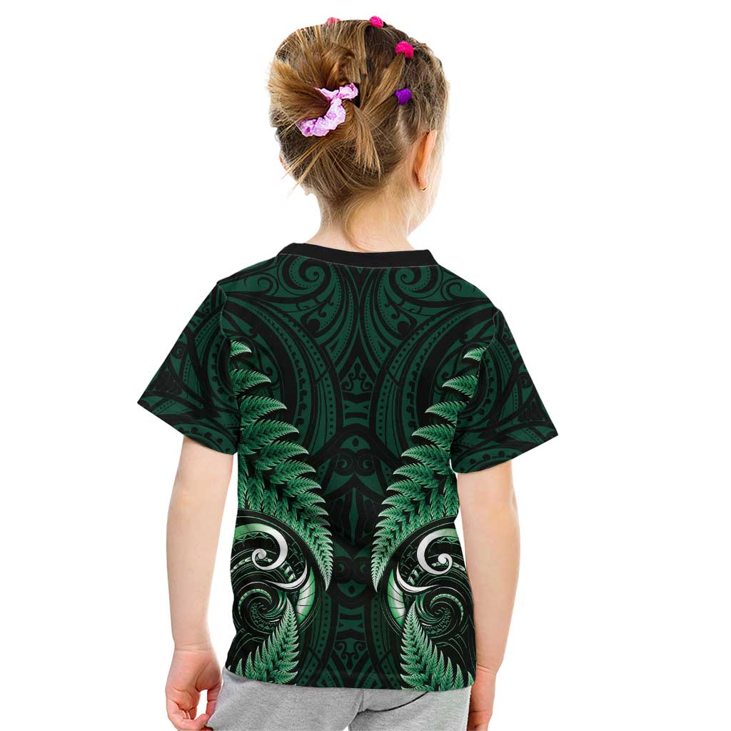 Aotearoa Pounamu Niho Kid T Shirt Silver Fern Mix Maori Pattern - Green - Vibe Hoodie Shop