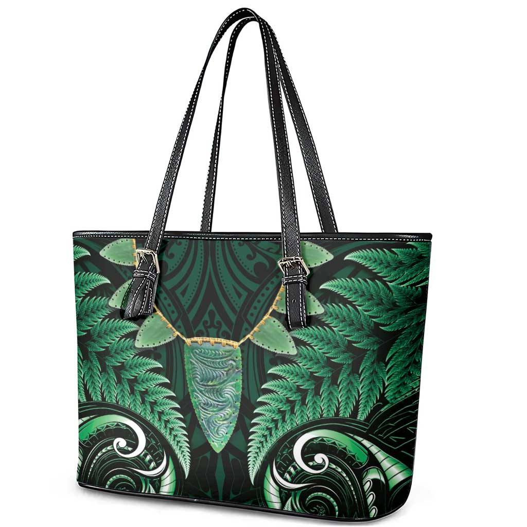 Aotearoa Pounamu Niho Leather Tote Bag Silver Fern Mix Maori Pattern - Green