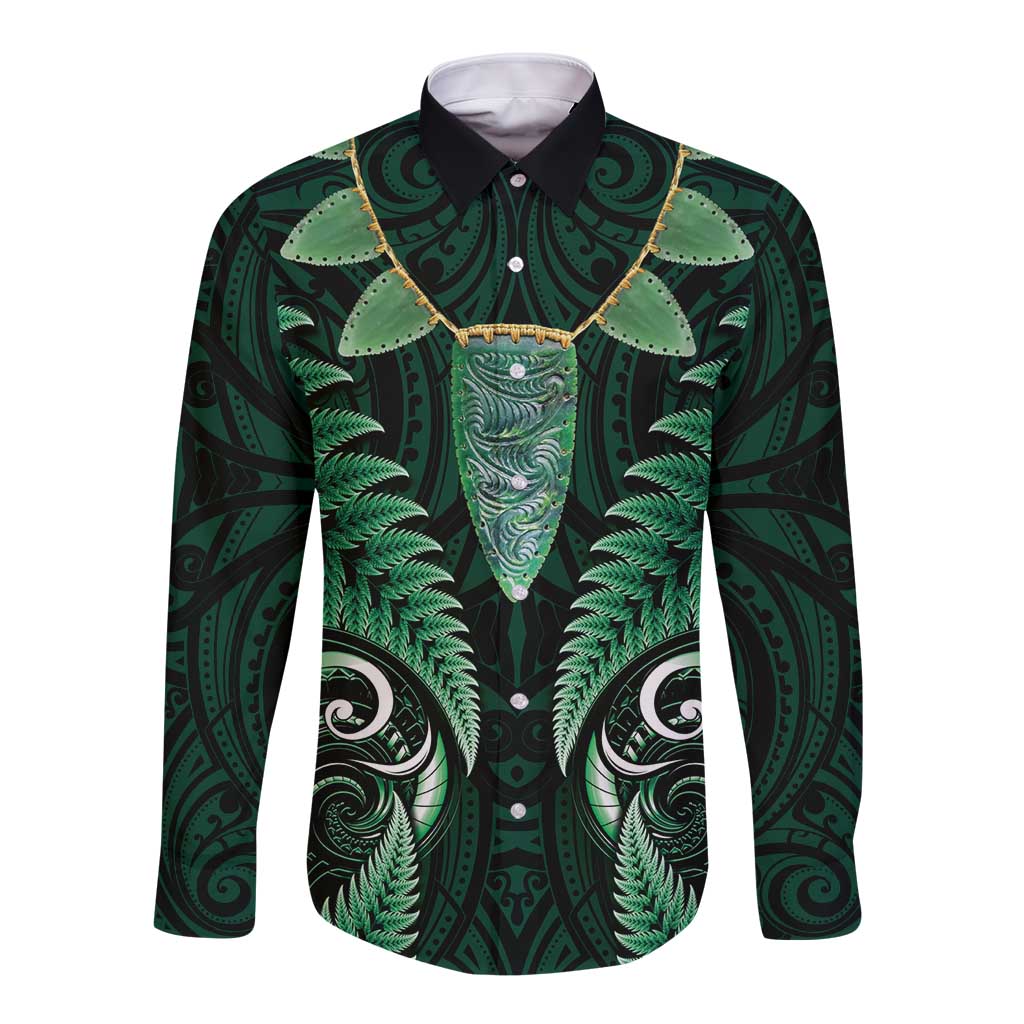 Aotearoa Pounamu Niho Long Sleeve Button Shirt Silver Fern Mix Maori Pattern - Green - Vibe Hoodie Shop