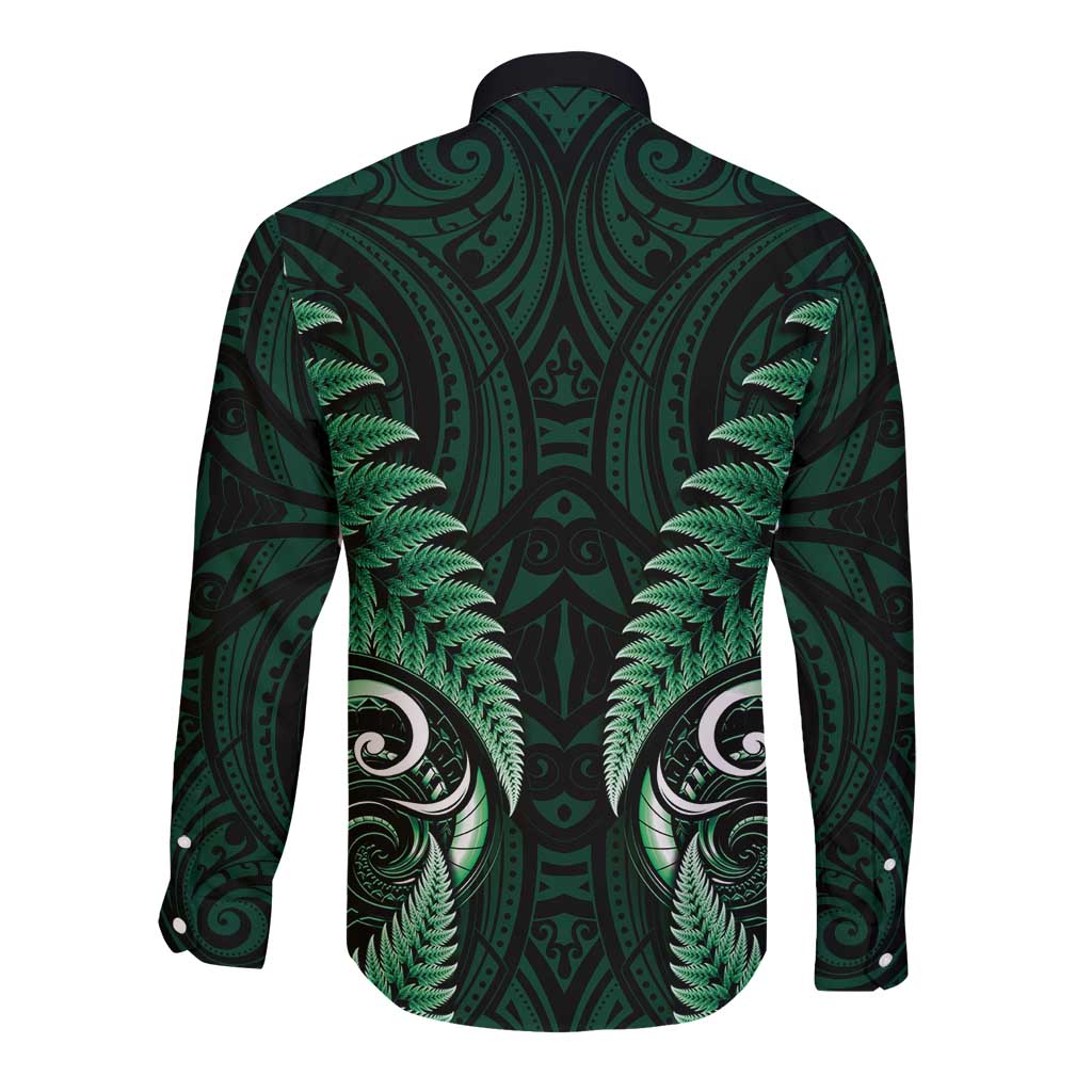 Aotearoa Pounamu Niho Long Sleeve Button Shirt Silver Fern Mix Maori Pattern - Green - Vibe Hoodie Shop