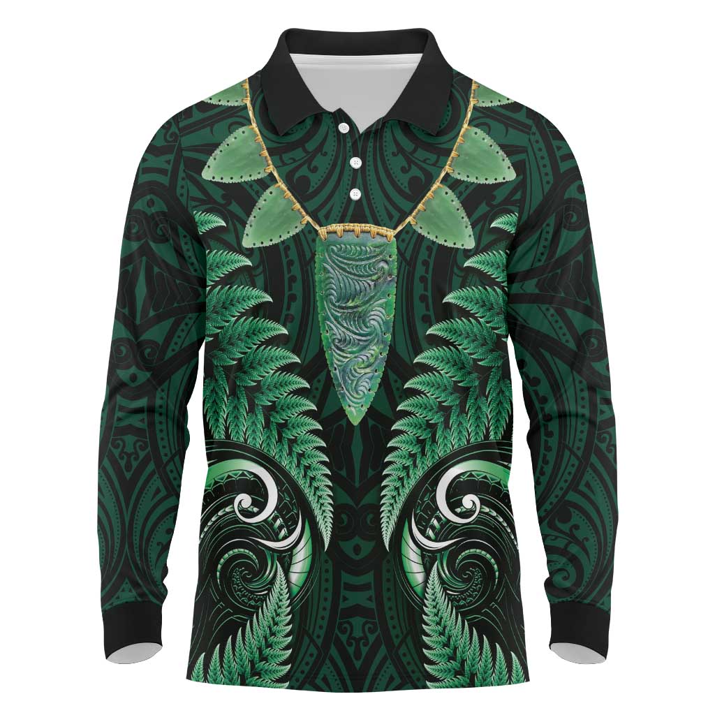 Aotearoa Pounamu Niho Long Sleeve Polo Shirt Silver Fern Mix Maori Pattern - Green