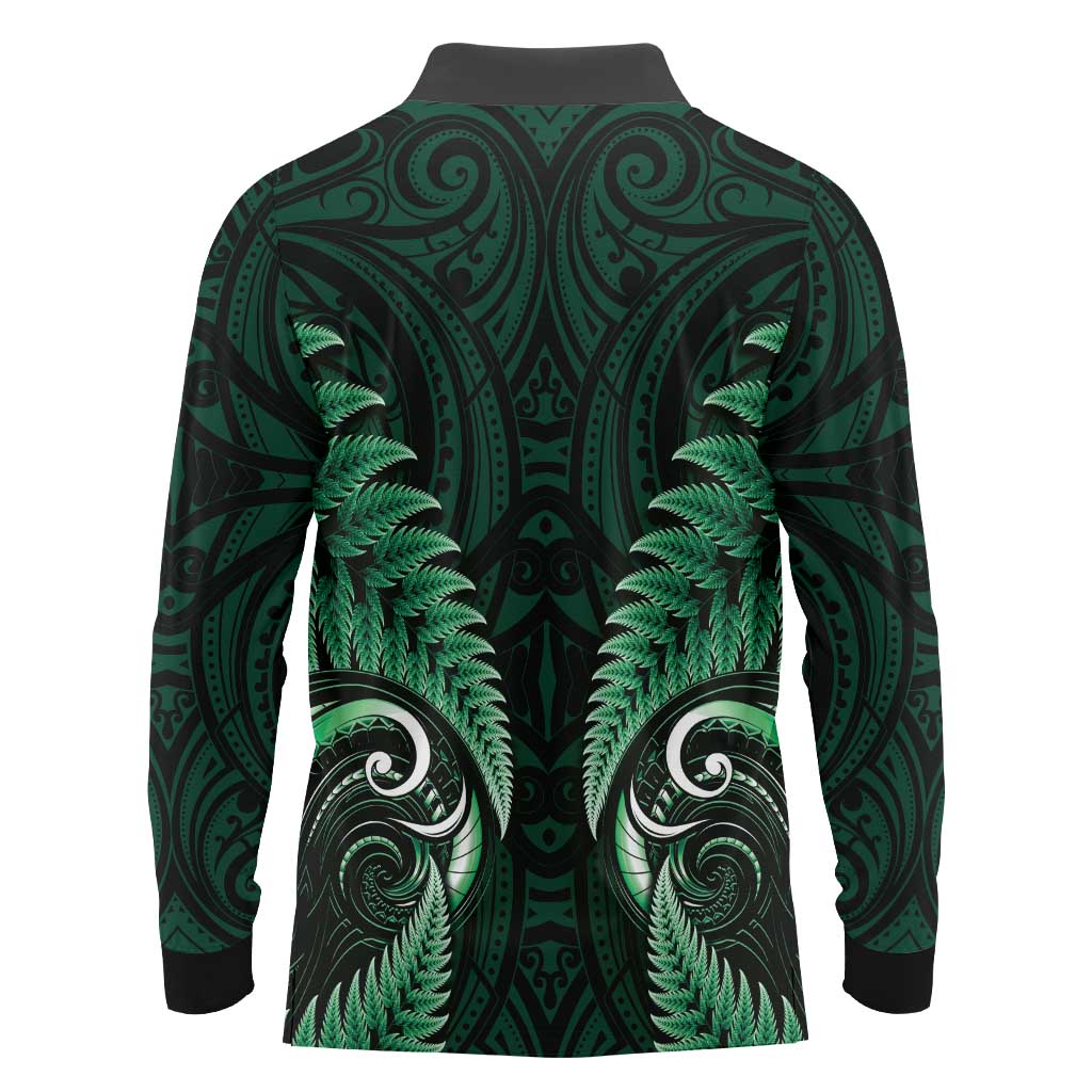 Aotearoa Pounamu Niho Long Sleeve Polo Shirt Silver Fern Mix Maori Pattern - Green