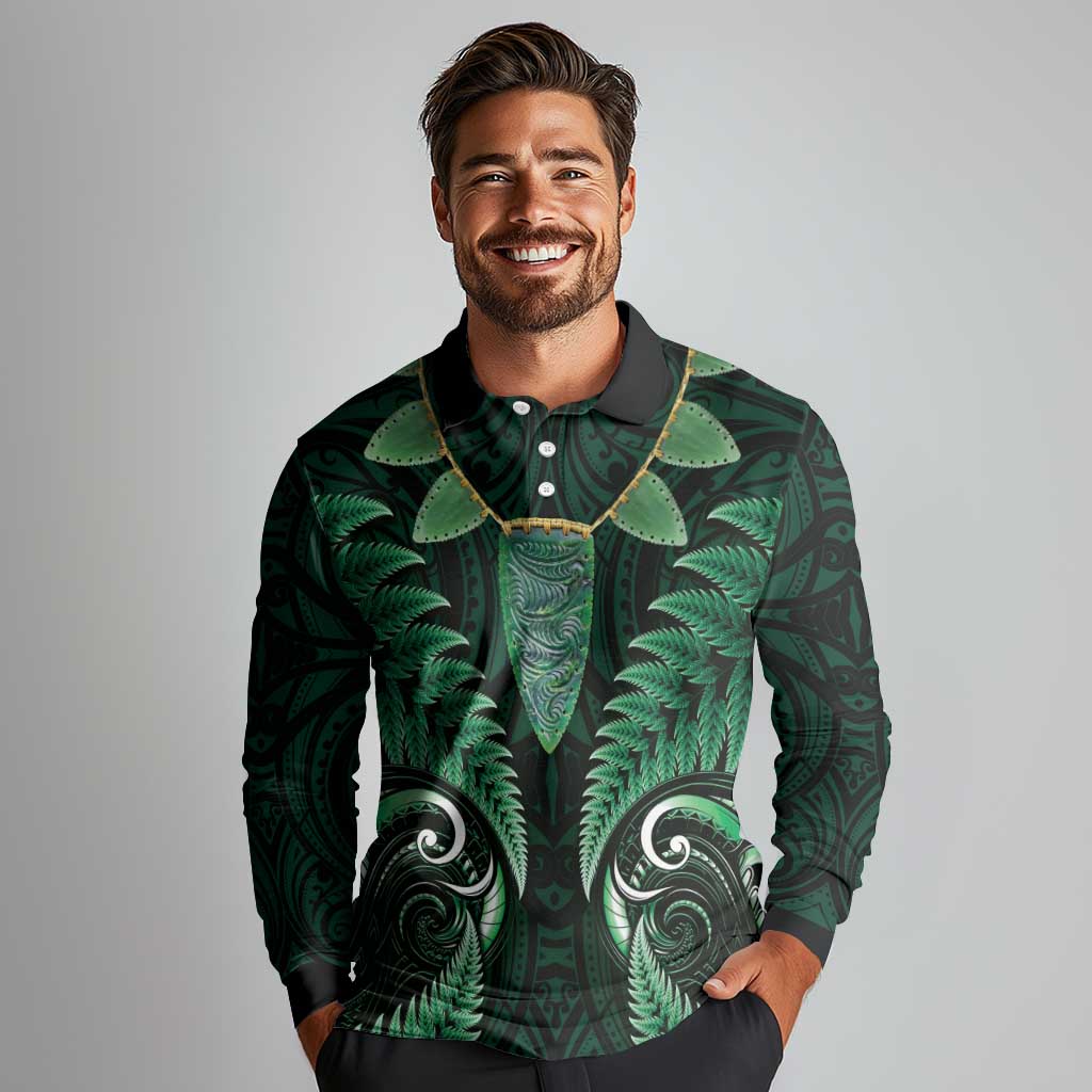 Aotearoa Pounamu Niho Long Sleeve Polo Shirt Silver Fern Mix Maori Pattern - Green