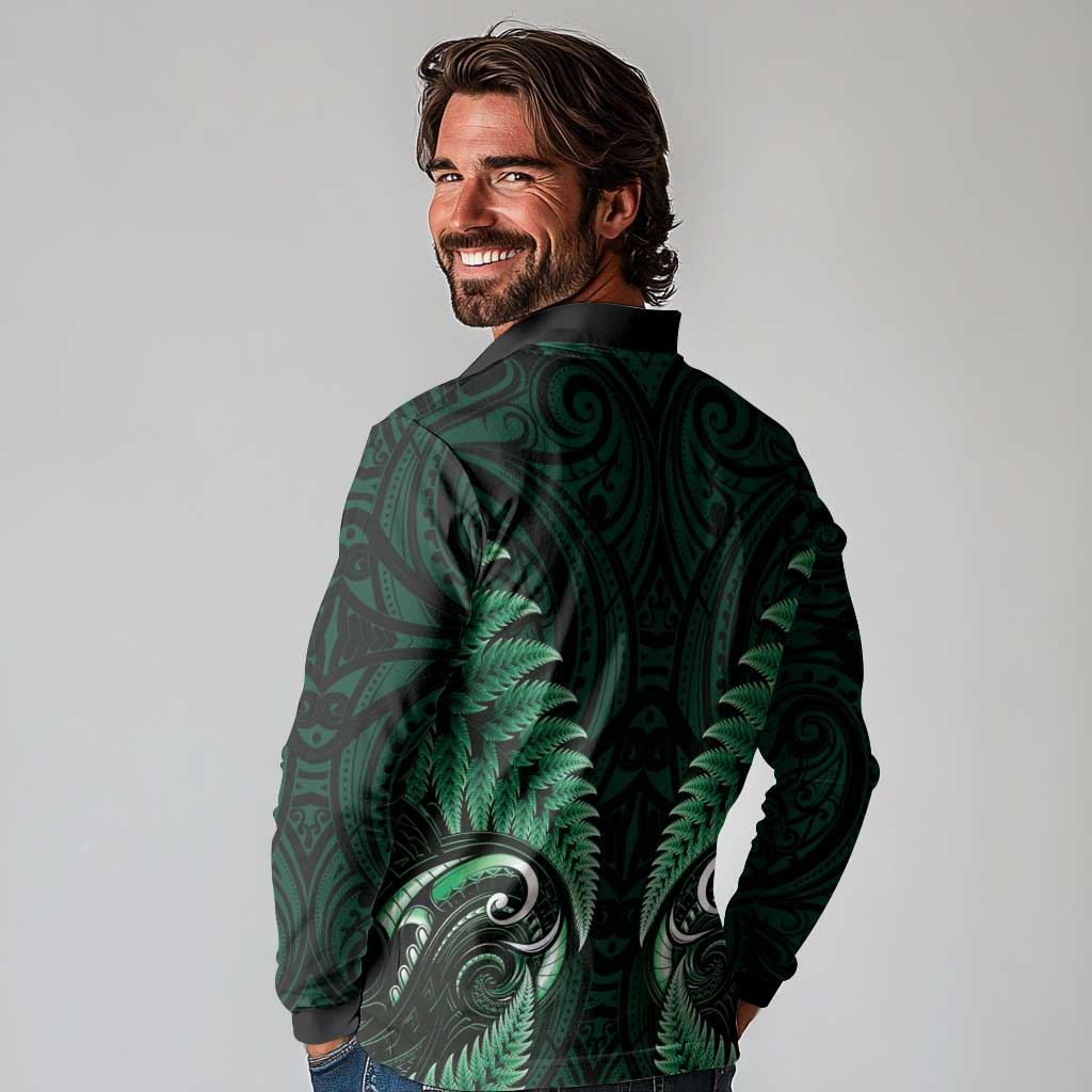 Aotearoa Pounamu Niho Long Sleeve Polo Shirt Silver Fern Mix Maori Pattern - Green