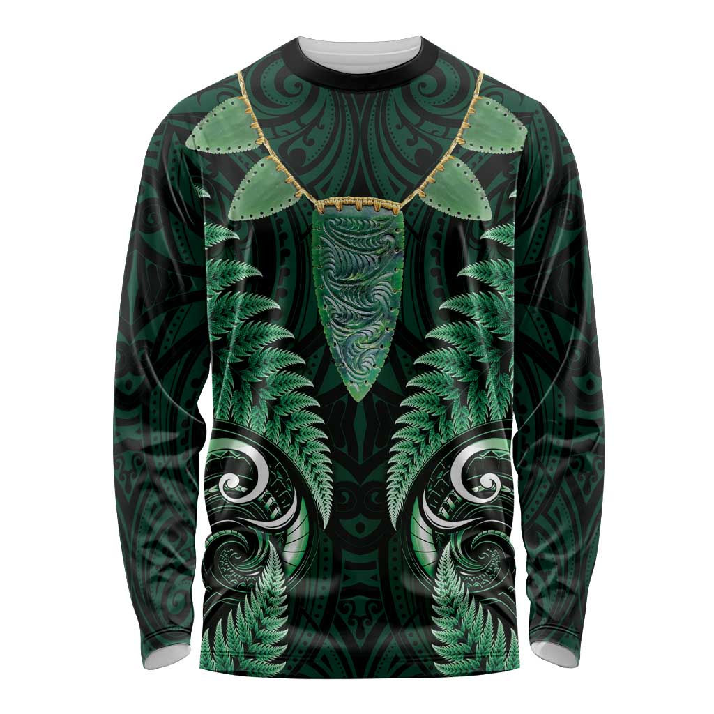 Aotearoa Pounamu Niho Long Sleeve Shirt Silver Fern Mix Maori Pattern - Green - Vibe Hoodie Shop