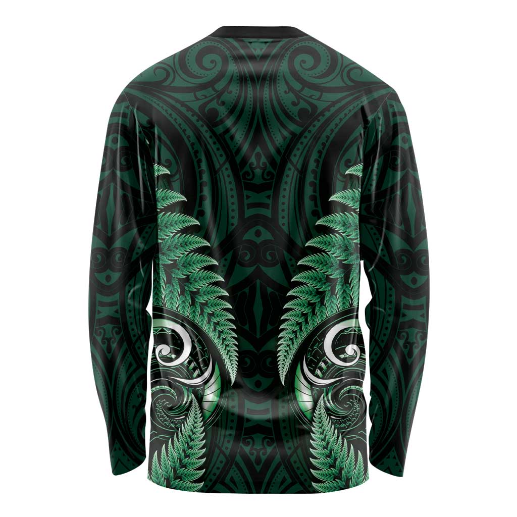 Aotearoa Pounamu Niho Long Sleeve Shirt Silver Fern Mix Maori Pattern - Green - Vibe Hoodie Shop