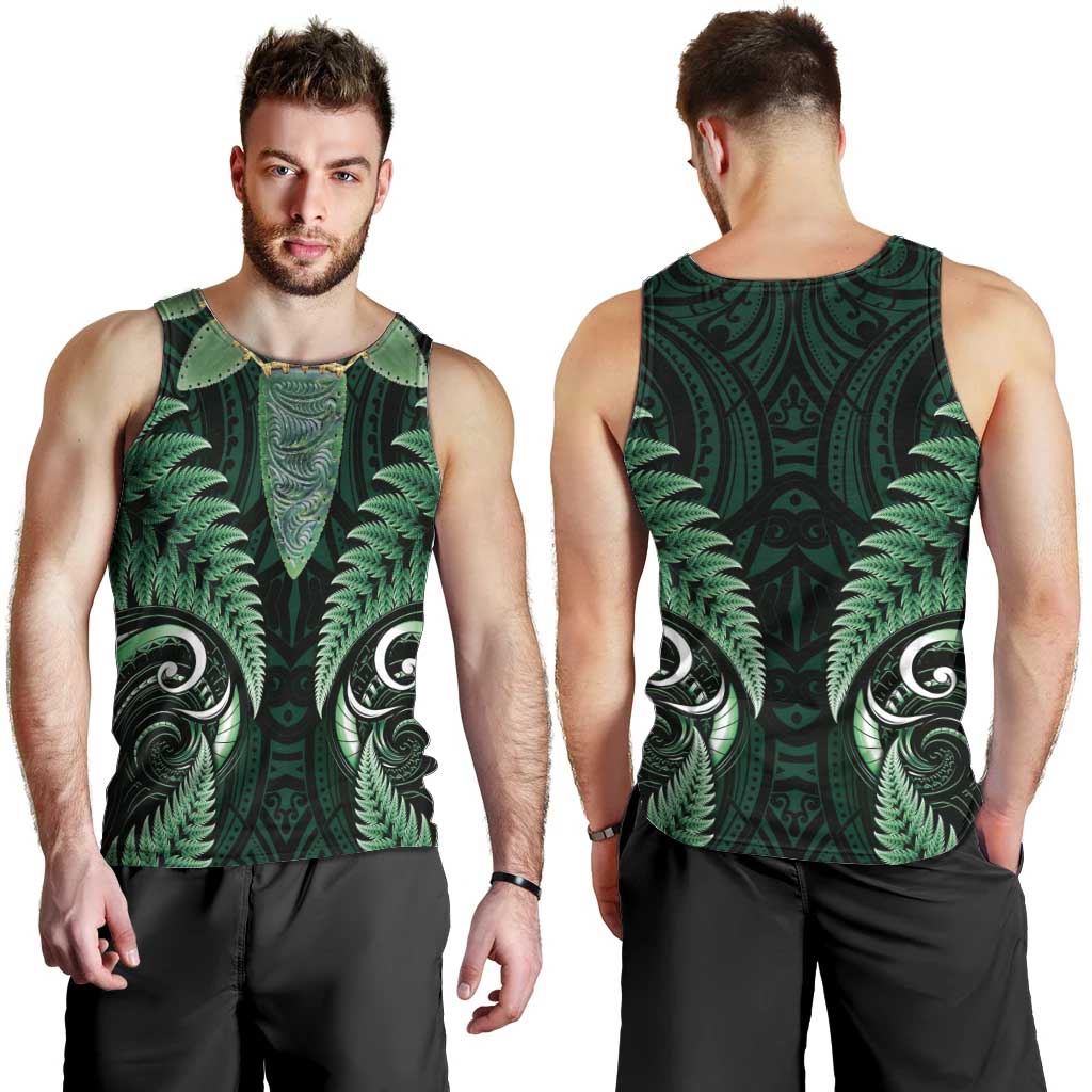 Aotearoa Pounamu Niho Men Tank Top Silver Fern Mix Maori Pattern - Green - Vibe Hoodie Shop