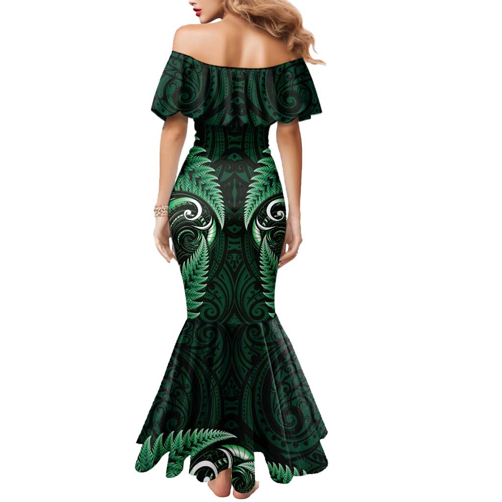 Aotearoa Pounamu Niho Mermaid Dress Silver Fern Mix Maori Pattern - Green