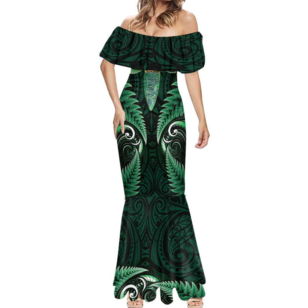 Aotearoa Pounamu Niho Mermaid Dress Silver Fern Mix Maori Pattern - Green