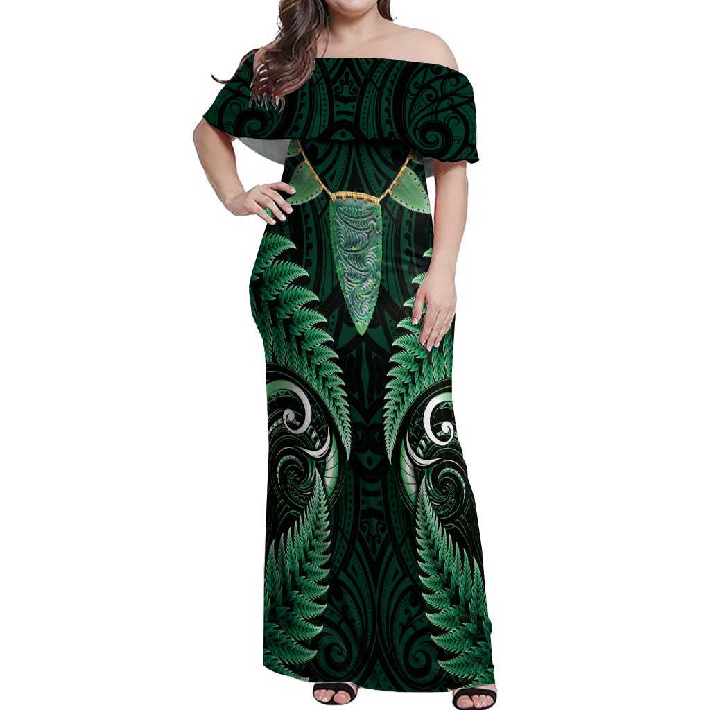 Aotearoa Pounamu Niho Off Shoulder Maxi Dress Silver Fern Mix Maori Pattern - Green