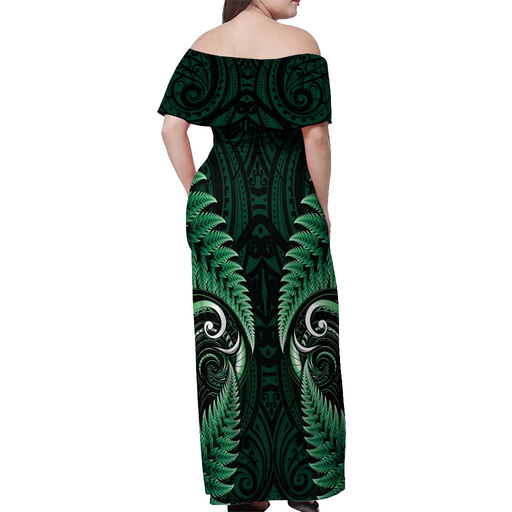 Aotearoa Pounamu Niho Off Shoulder Maxi Dress Silver Fern Mix Maori Pattern - Green