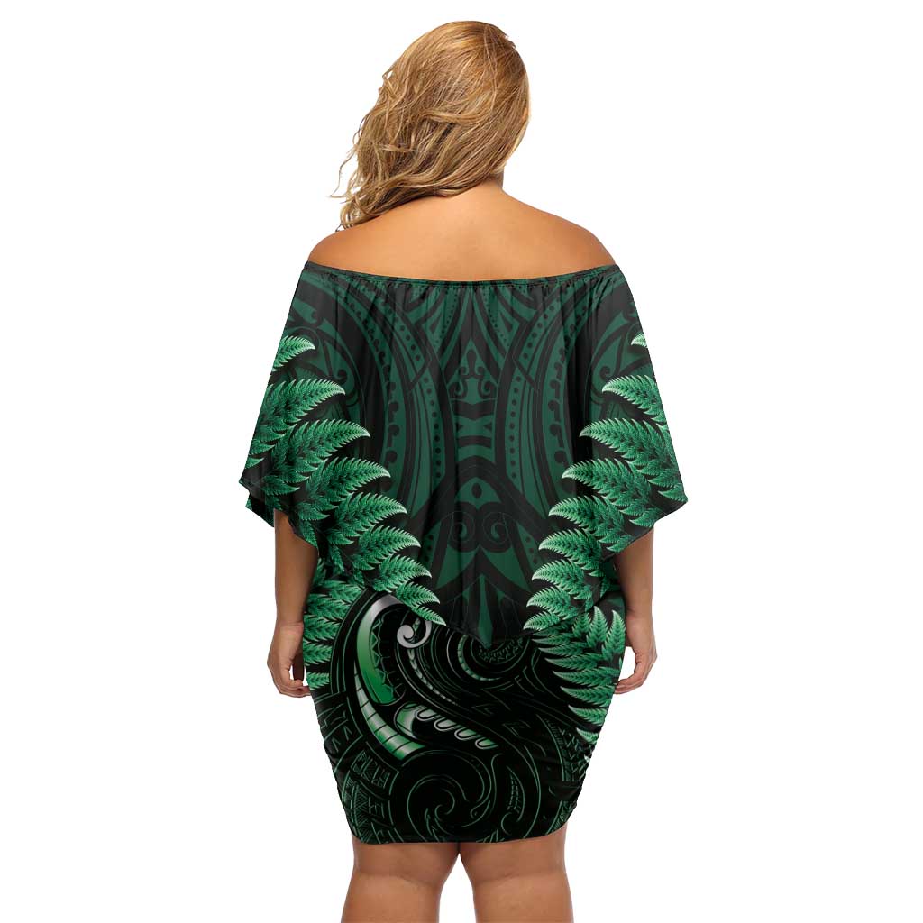 Aotearoa Pounamu Niho Off Shoulder Short Dress Silver Fern Mix Maori Pattern - Green