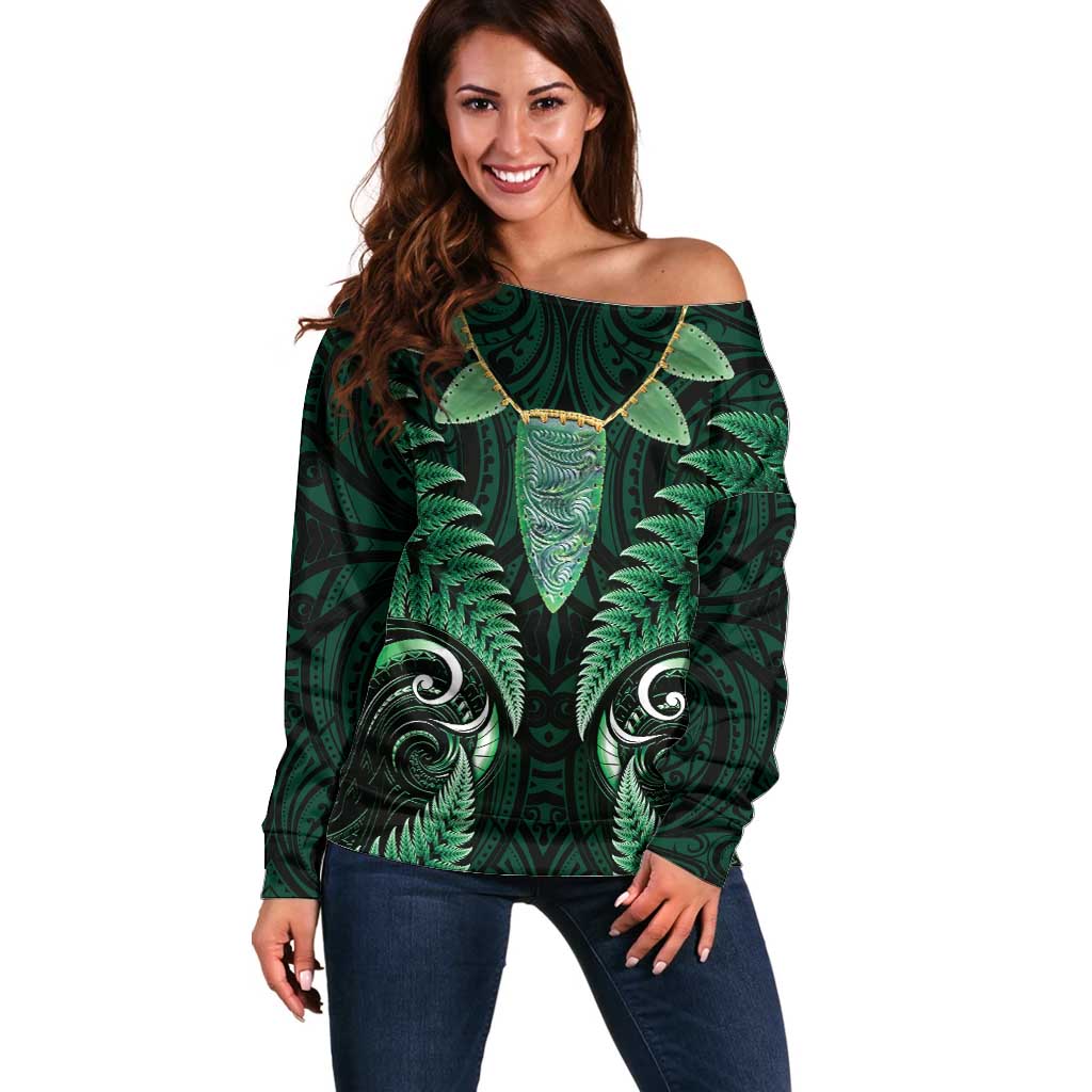 Aotearoa Pounamu Niho Off Shoulder Sweater Silver Fern Mix Maori Pattern - Green - Vibe Hoodie Shop