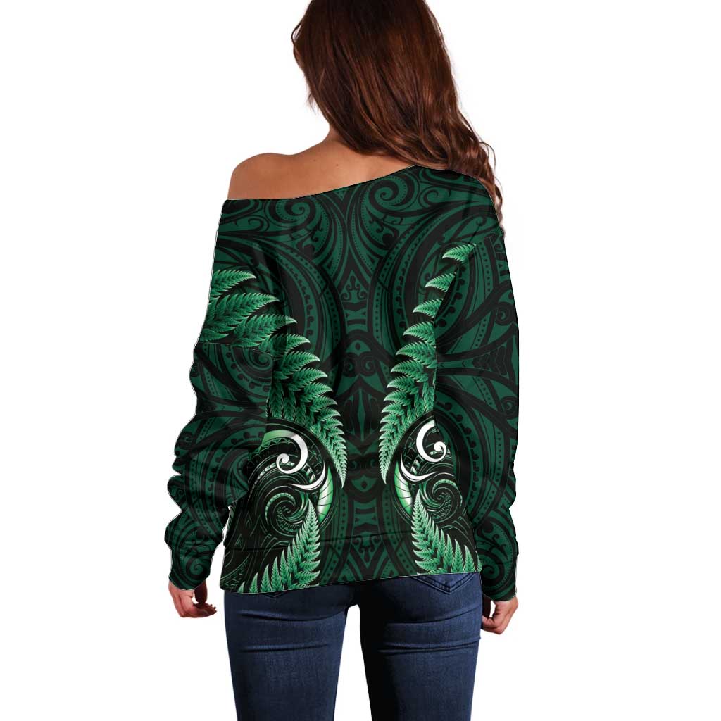 Aotearoa Pounamu Niho Off Shoulder Sweater Silver Fern Mix Maori Pattern - Green - Vibe Hoodie Shop