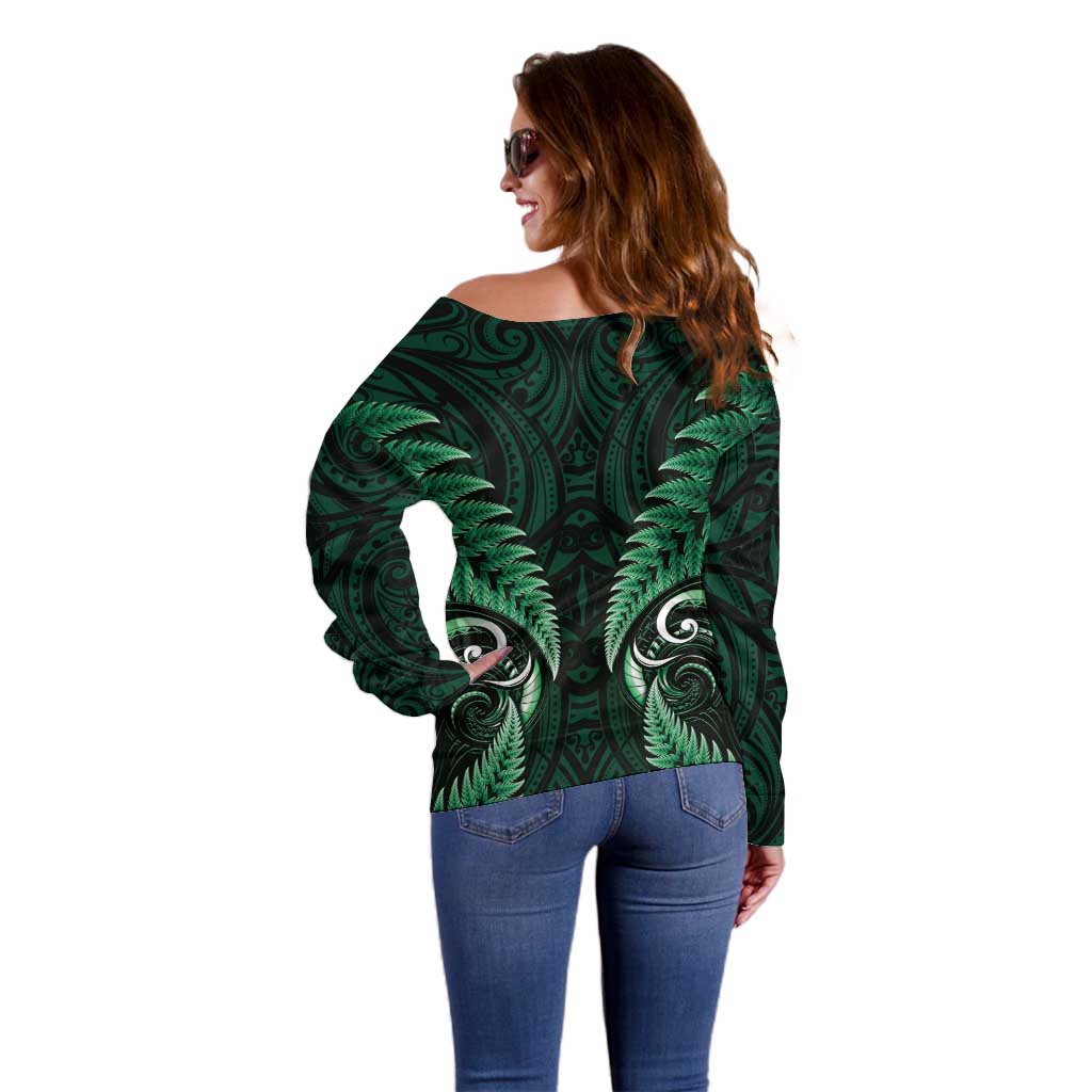 Aotearoa Pounamu Niho Off Shoulder Sweater Silver Fern Mix Maori Pattern - Green - Vibe Hoodie Shop