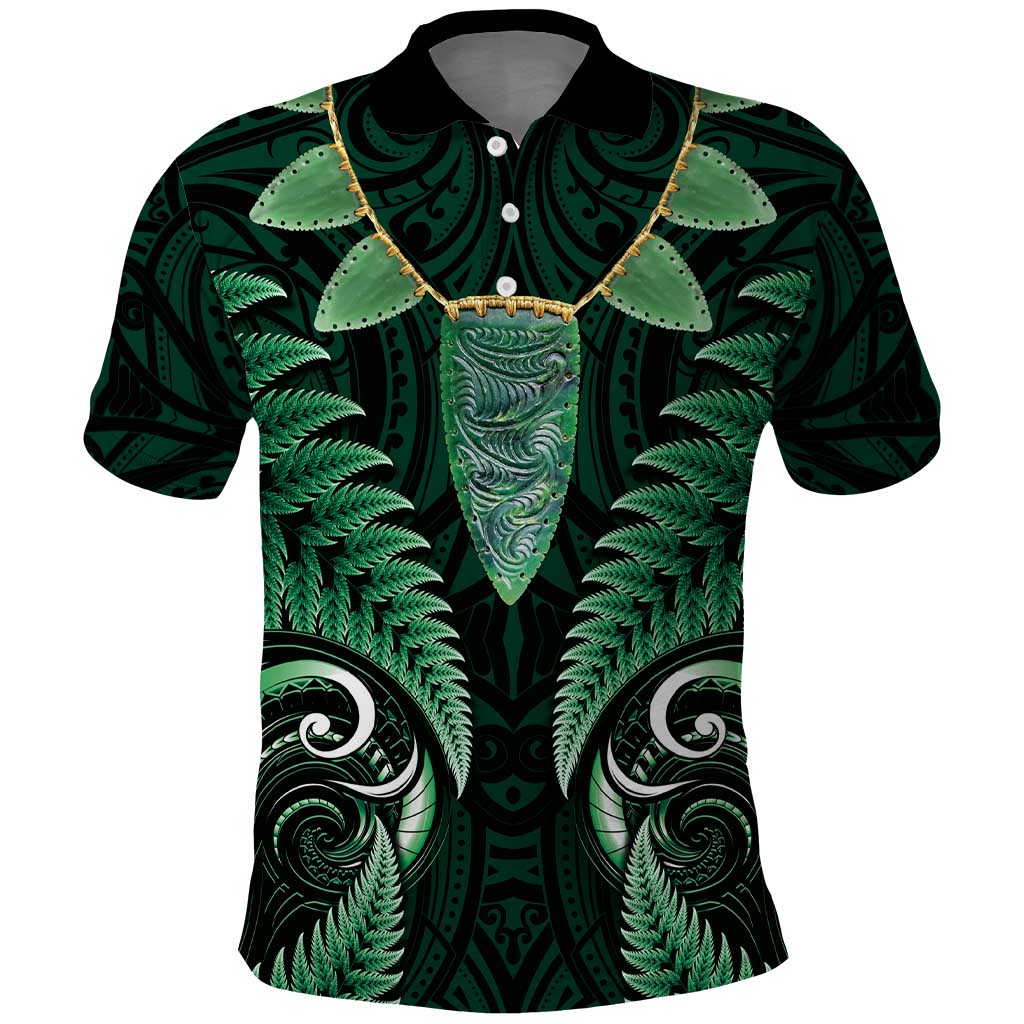 Aotearoa Pounamu Niho Polo Shirt Silver Fern Mix Maori Pattern - Green - Vibe Hoodie Shop