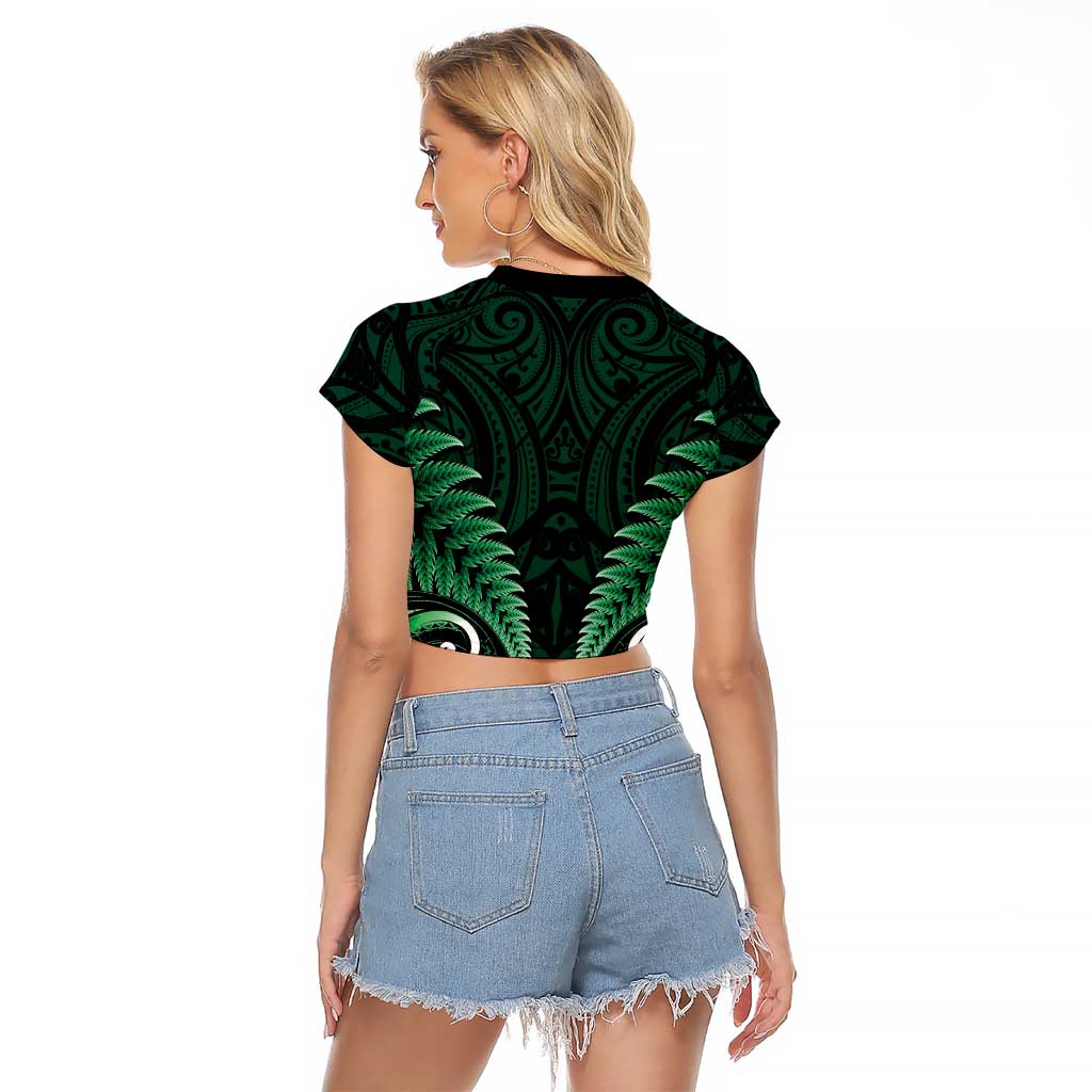 Aotearoa Pounamu Niho Raglan Cropped T Shirt Silver Fern Mix Maori Pattern - Green - Vibe Hoodie Shop