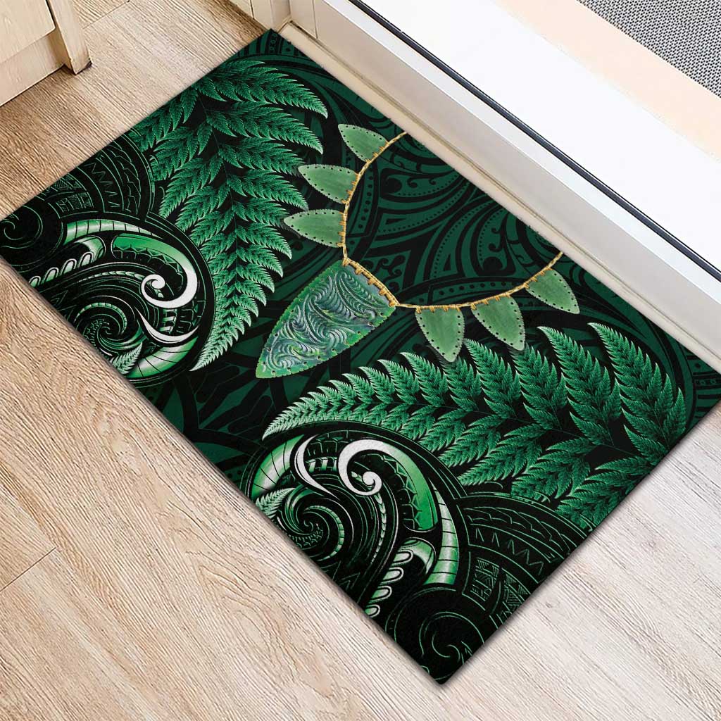 Aotearoa Pounamu Niho Rubber Doormat Silver Fern Mix Maori Pattern - Green