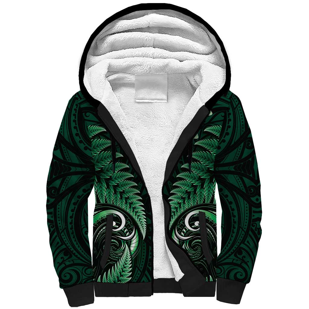 Aotearoa Pounamu Niho Sherpa Hoodie Silver Fern Mix Maori Pattern - Green - Vibe Hoodie Shop