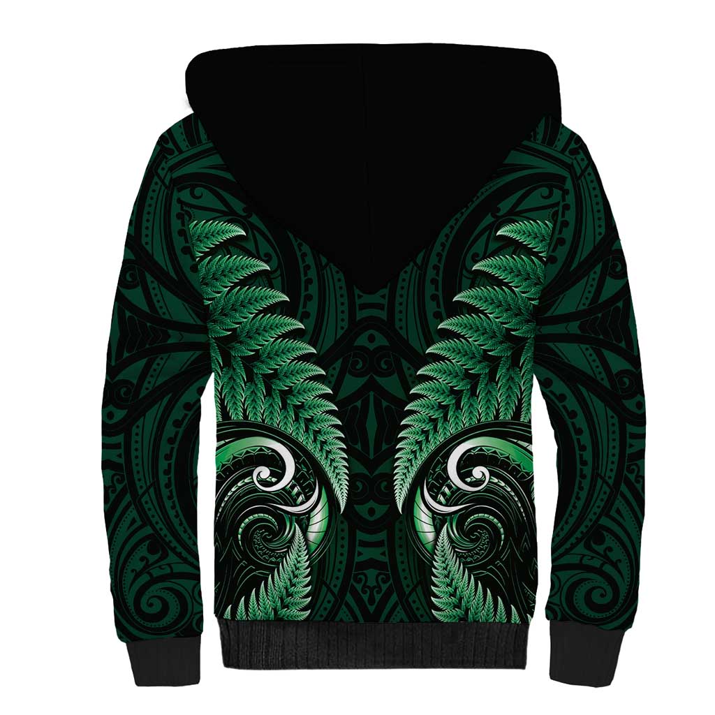 Aotearoa Pounamu Niho Sherpa Hoodie Silver Fern Mix Maori Pattern - Green - Vibe Hoodie Shop