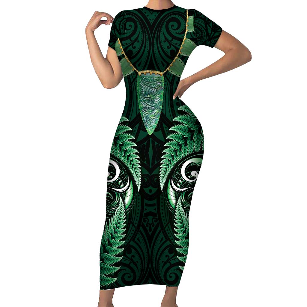 Aotearoa Pounamu Niho Short Sleeve Bodycon Dress Silver Fern Mix Maori Pattern - Green