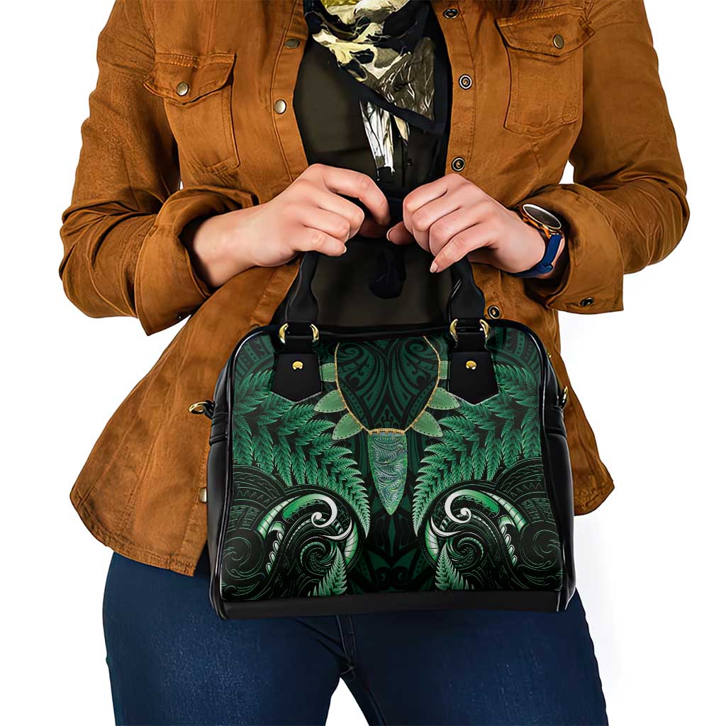 Aotearoa Pounamu Niho Shoulder Handbag Silver Fern Mix Maori Pattern - Green - Vibe Hoodie Shop