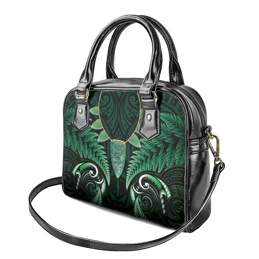 Aotearoa Pounamu Niho Shoulder Handbag Silver Fern Mix Maori Pattern - Green - Vibe Hoodie Shop